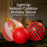 Three inflatable holiday ornaments in red, white, and black striped patterns with text 'Light-Up Indoor/Outdoor Holiday Decor'.